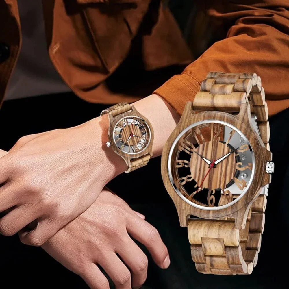 Men's Silver Brown Lightweight Wooden Analog Quartz Deployment Closure Watches